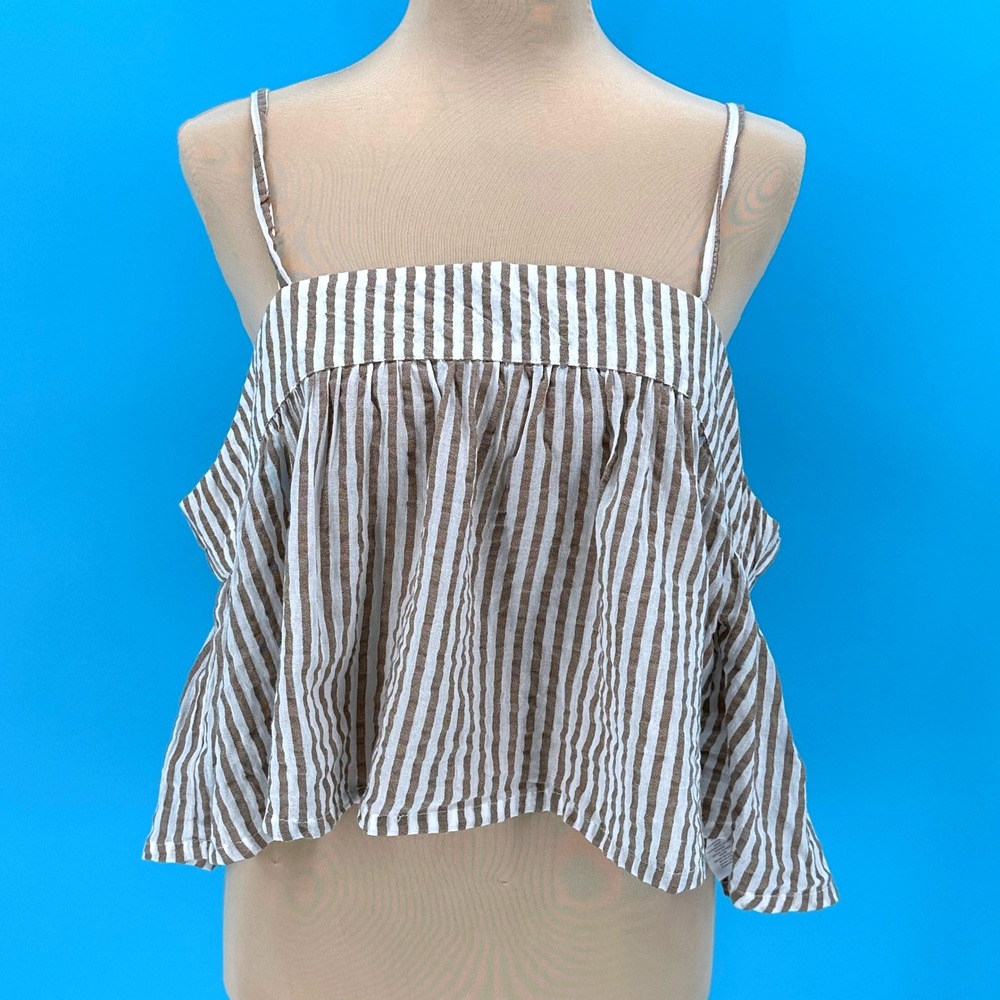 Boohoo Womens Brown White Striped Cotton Cami Top Square‎ Neck Peplum Size 14